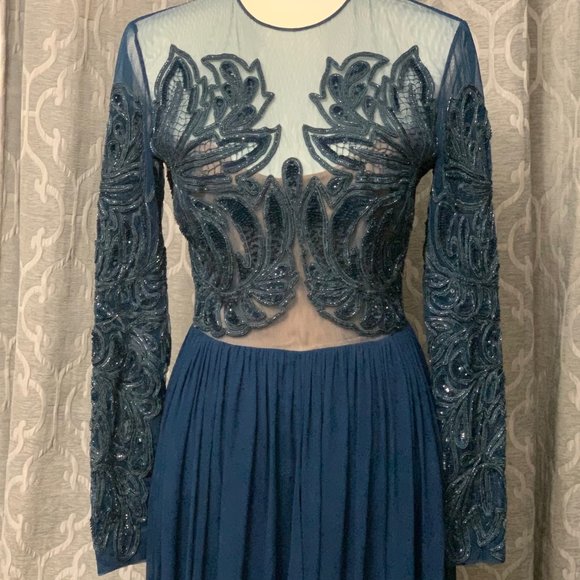 NWT Elie Saab Peacock Blue Sequin Beaded Long Sleeve Gown Dress, Sz 36 - Picture 2 of 14